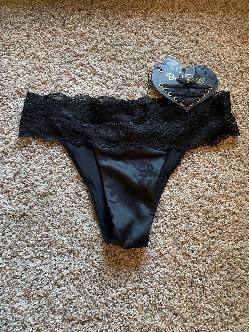 NWT Beach Bunny Black Lace-Trim Floral Bikini Bottoms, Large
